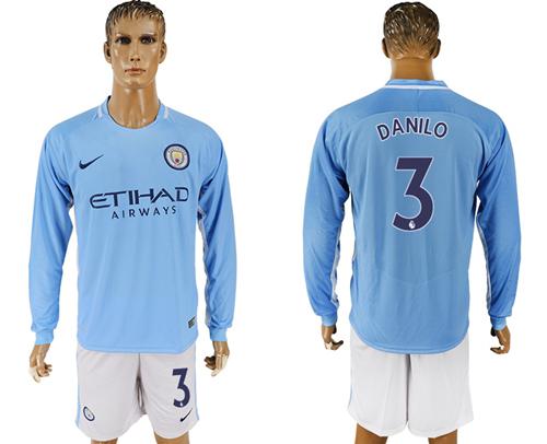 Manchester City #3 Danilo Home Long Sleeves Soccer Club Jersey - Click Image to Close